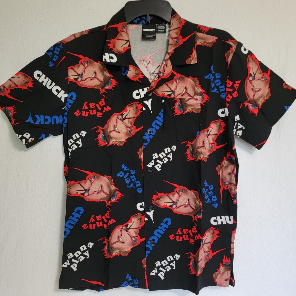 Halloween CHUCKY Chuckys Bride Mens Sz LARGE Button Up Shirt All Over Print NEW